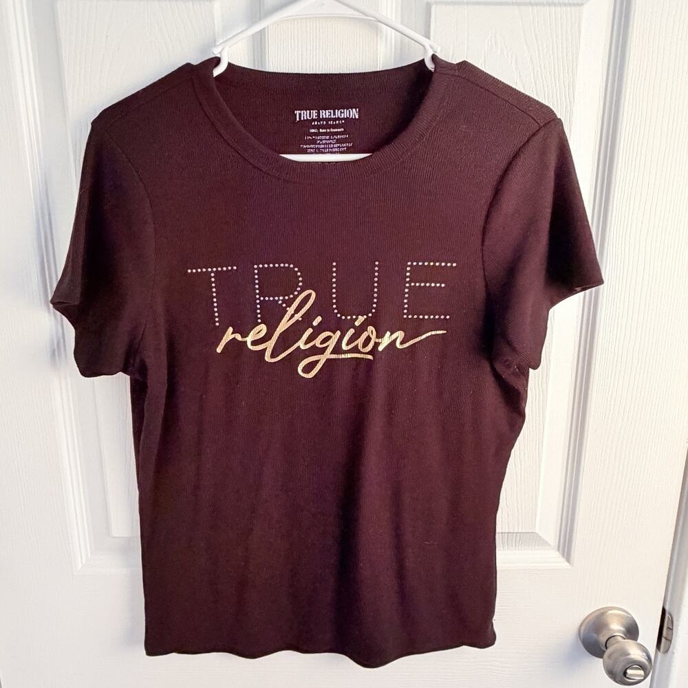 True Religion Top Women Size Large Ribbed Short Sleeve Crew Baby Tee Rhinestone